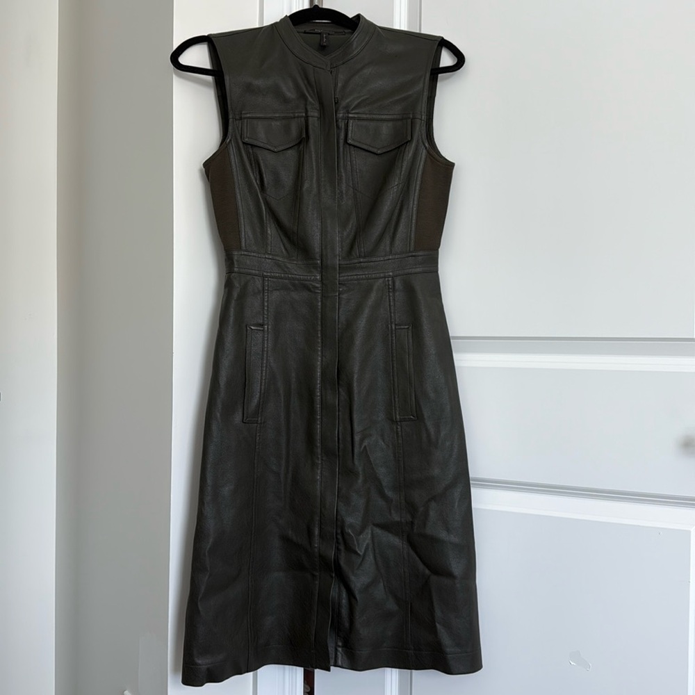 BCBG MaxAzria Alexandria army green Faux leather zip up Dress